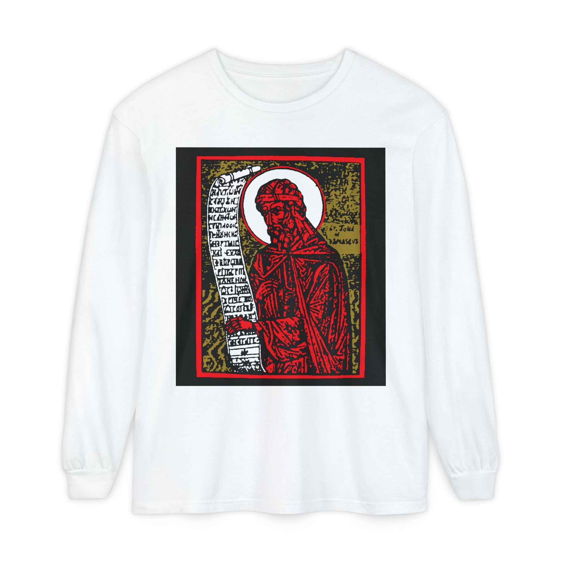White long-sleeve cotton shirt featuring a high-contrast red, gold, and black graphic of St. John of Damascus holding a scroll, inspired by Orthodox funeral hymns. “St. John of Damascus Icono-Graphic” design.