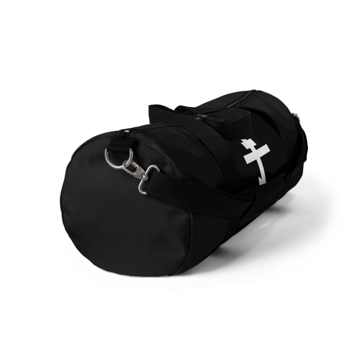 Orthodox Christian gym duffel bag with a white Orthodox Cross and Galatians 6:14 quote, inspired by St. John of Kronstadt, featuring a convenient shoulder strap.