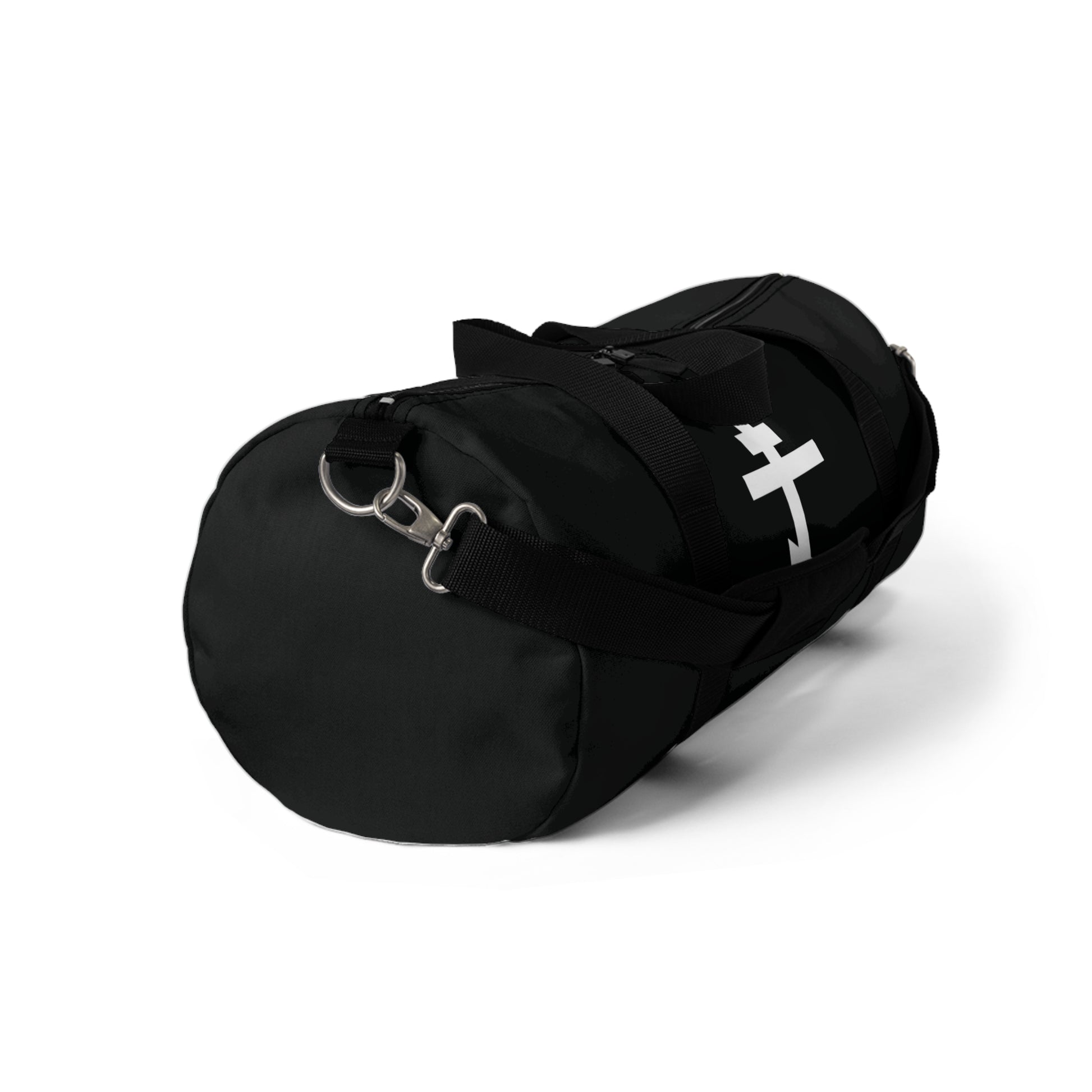 Orthodox Christian gym duffel bag with a white Orthodox Cross and Galatians 6:14 quote, inspired by St. John of Kronstadt, featuring a convenient shoulder strap.