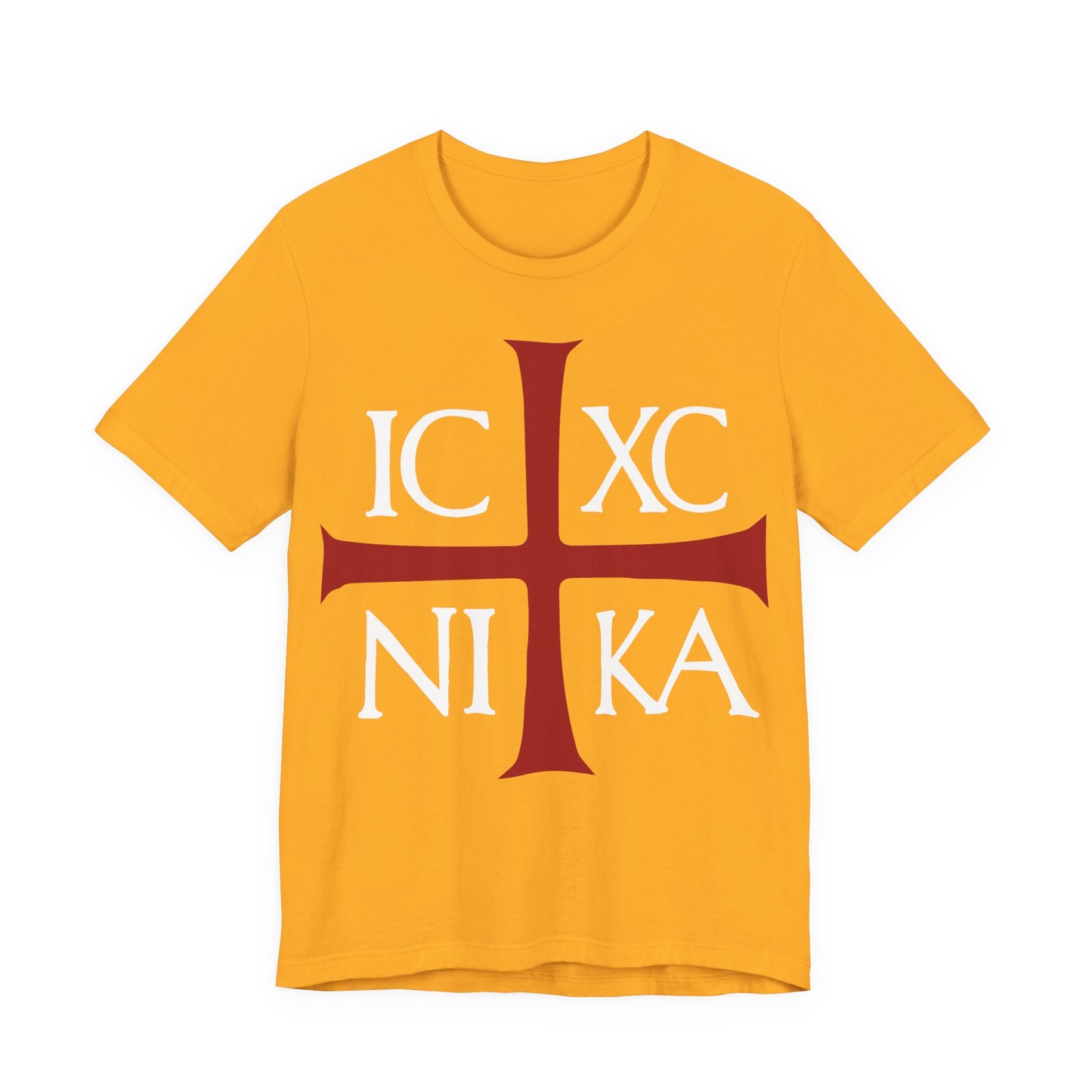 Show your faith with this gold cotton tee featuring a bold red cross and "ICXC NIKA"—an ancient Byzantine Christogram meaning "Jesus Christ Conquers." Orthodox Christian design inspired by Romans 8:31-39.