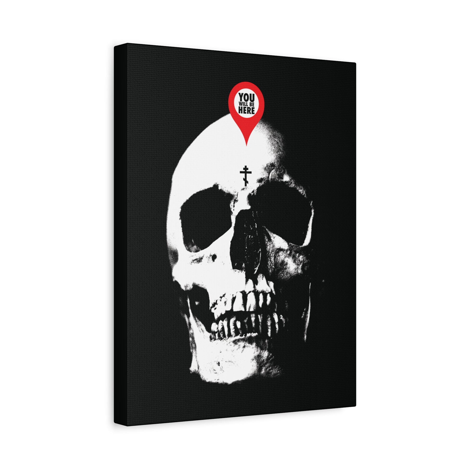 The "You Will Be Here Maps Marker on Skull" canvas features a black-and-white skull with a red pin reading "YOU ARE HERE," symbolizing memento mori and Orthodox Christian reminders of mortality.