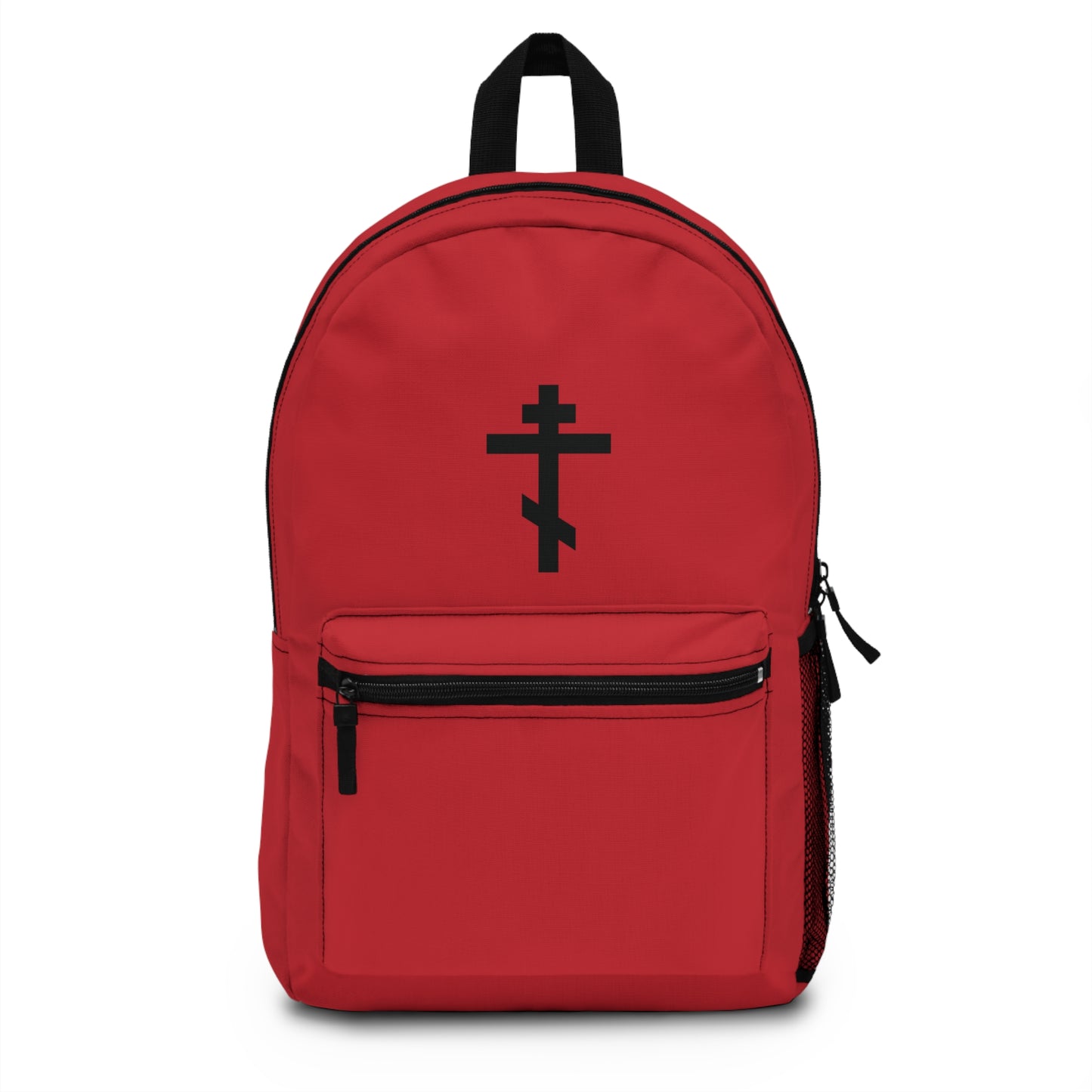 Black Orthodox Cross on Red Background | If anyone wishes to come after Me he take up his cross and follow Me | Orthodox Christian Backpack