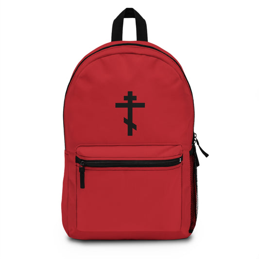 Black Orthodox Cross on Red Background | If anyone wishes to come after Me he take up his cross and follow Me | Orthodox Christian Backpack