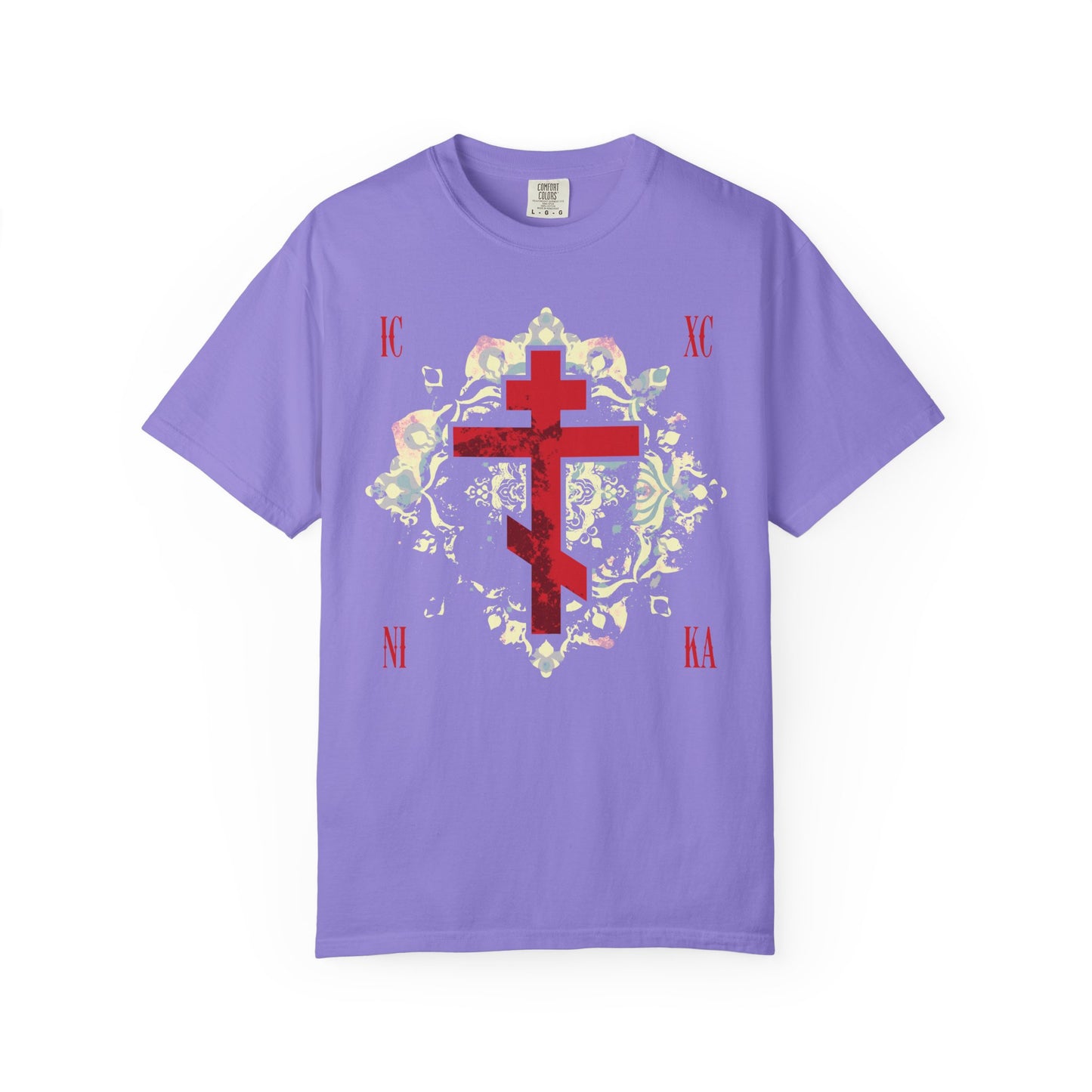 Violet “ICXC NIKA | Jesus Christ Conquers” heavyweight cotton unisex tee, featuring a textured red Orthodox cross with Greek letters over a medieval floral background.