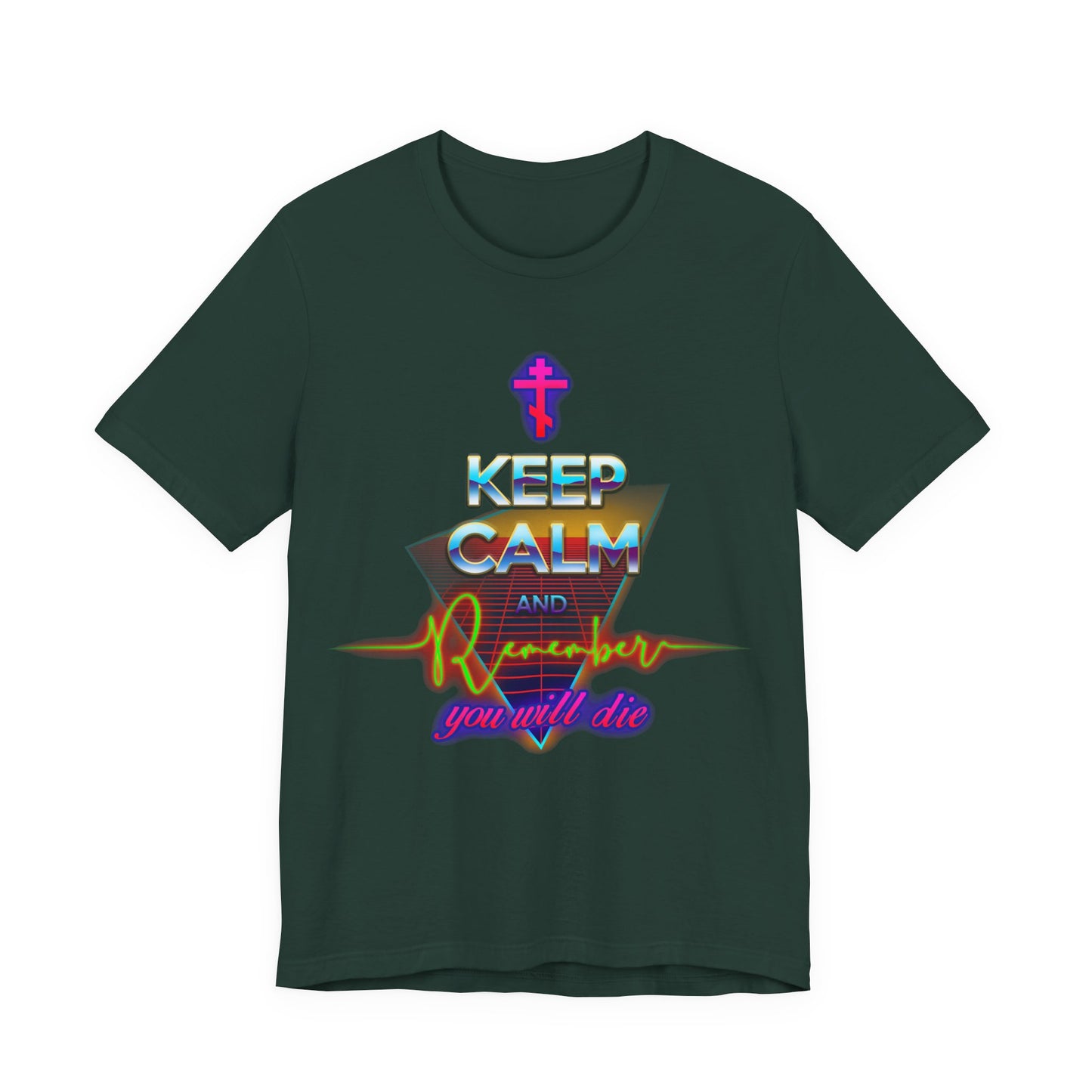 Keep Calm and Remember You Will Die | 80s Synthwave Vaporwave Outrun Design | Orthodox Christian Cotton Unisex T-Shirt