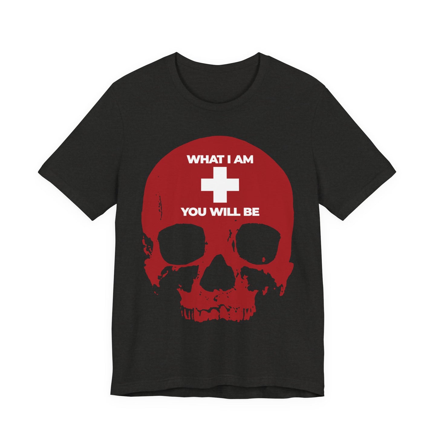 Black Heather unisex tee featuring a bold red skull and white cross, with the text “WHAT I AM YOU WILL BE” above and below—an Orthodox Christian memento mori design inspired by the wisdom of Ecclesiastes.