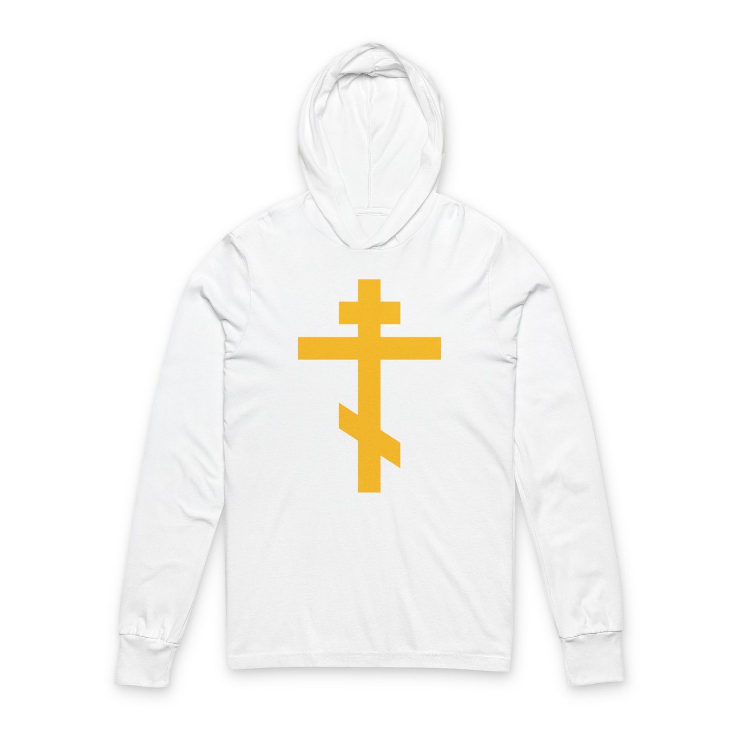 White cotton hooded shirt featuring a large yellow Orthodox cross—Precious and Life-Giving Weapon of Unseen Warfare, Scourge of Demons—reminding you of your faith in Christ.