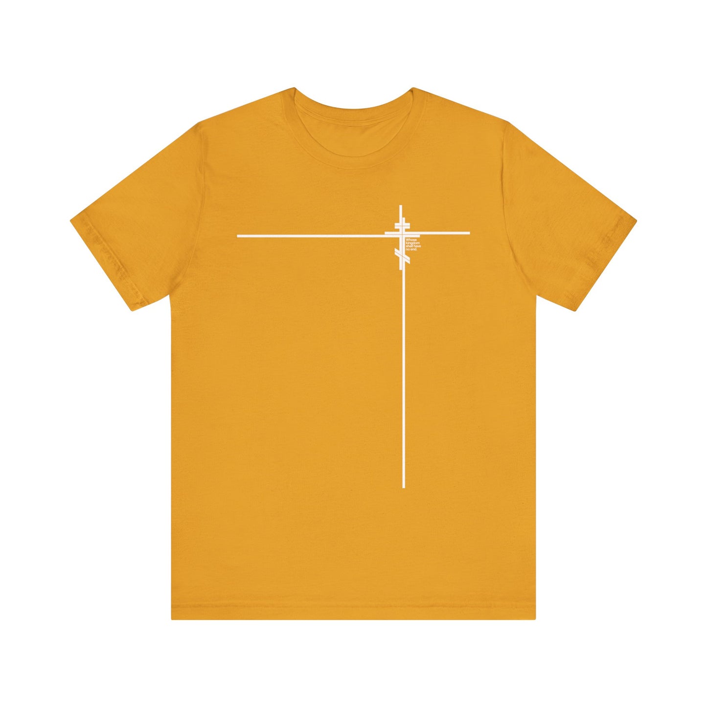 Mustard t-shirt featuring a minimalist white Orthodox cross and small text, "Whose Kingdom Shall Have No End" (Luke 1:32-33), subtly referencing Christ’s kingdom on the upper right chest, in a lightweight cotton unisex fit.
