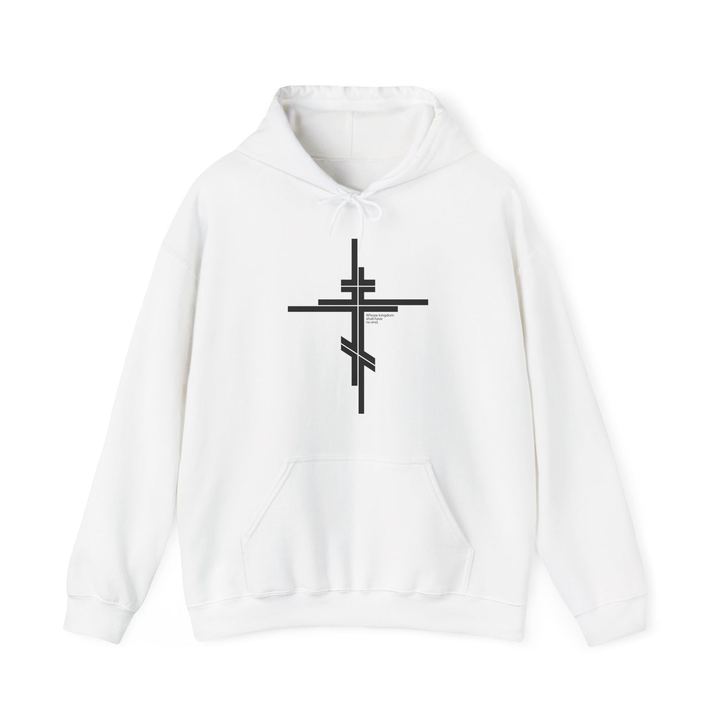 White "Whose Kingdom Shall Have No End" Orthodox Christian hoodie in white, featuring a modern minimalist black Orthodox Cross and subtle text inspired by Luke 1:32-33.