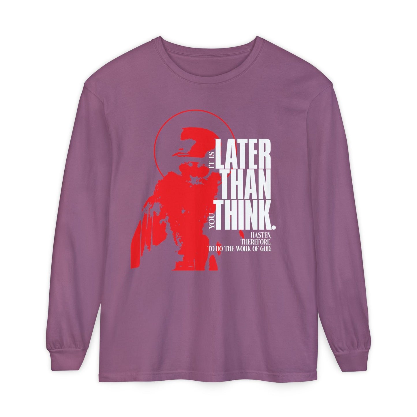 Berry long-sleeve cotton shirt featuring a minimal red halo design and white "It’s Later Than You Think" text, inspired by Seraphim Rose’s apocalyptic Christian ethos.