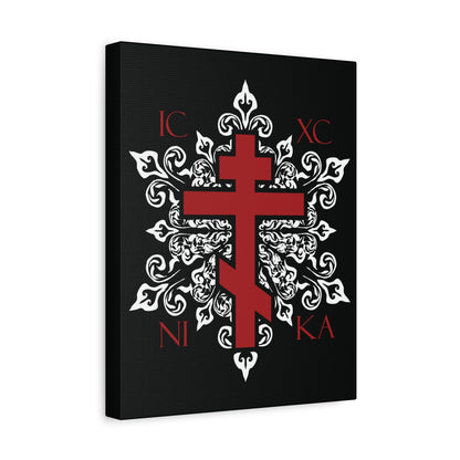 ICXC / NIKA Red Orthodox Cross on Ornate White Medieval Floral Design | Exclusive Best-Selling | Orthodox Christian Canvas Art