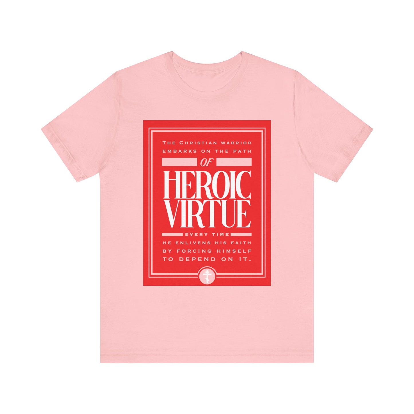 Step out in faith with this pink "Christian Warrior | Path of Heroic Virtue" lightweight cotton t-shirt, featuring an inspiring graphic and “All Things Through Christ (Phil 4:13)”—ideal for those embracing ascetic ethos and motivation.