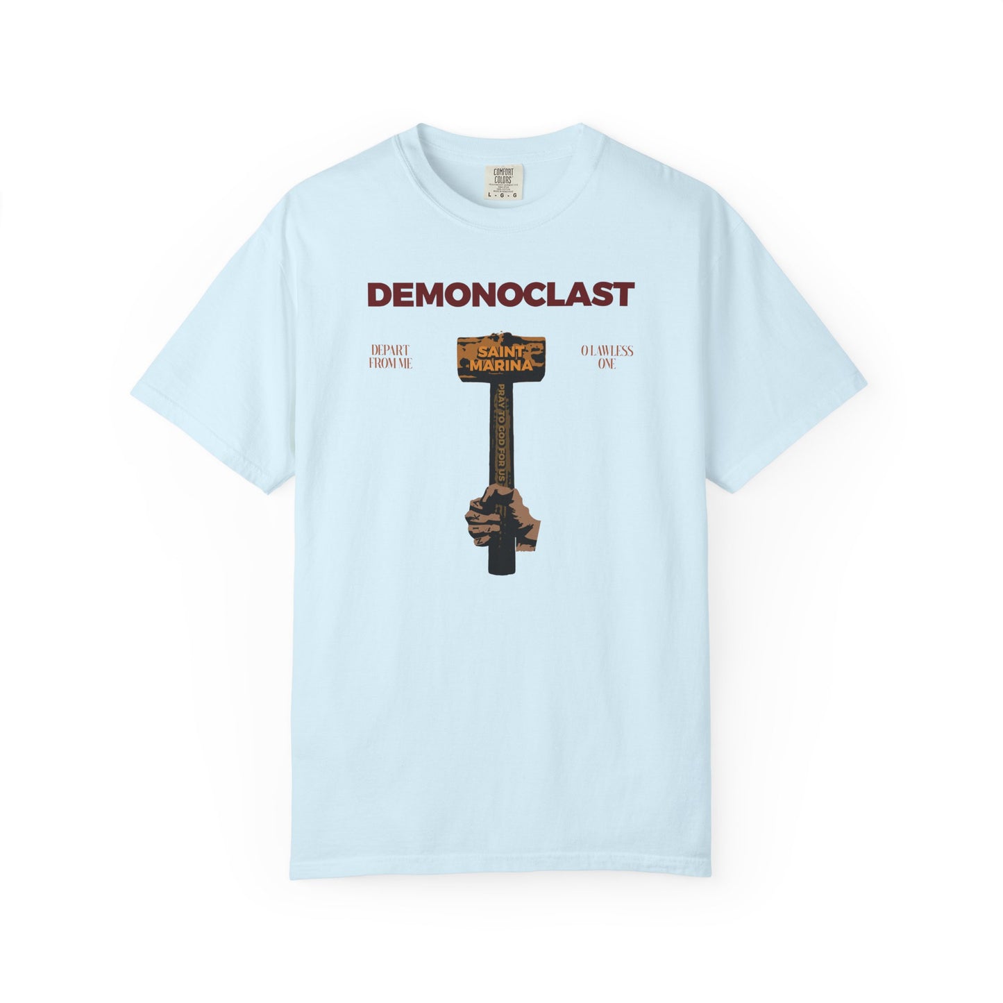 Chambray heavyweight cotton tee featuring "Demonoclast" with St. Marina's Hammer artwork: a NIKA fist holding a cross labeled "Saint Marina." Orthodox unisex shirt inspired by Christ Conquers, Unseen Warfare, and Martyrdom.