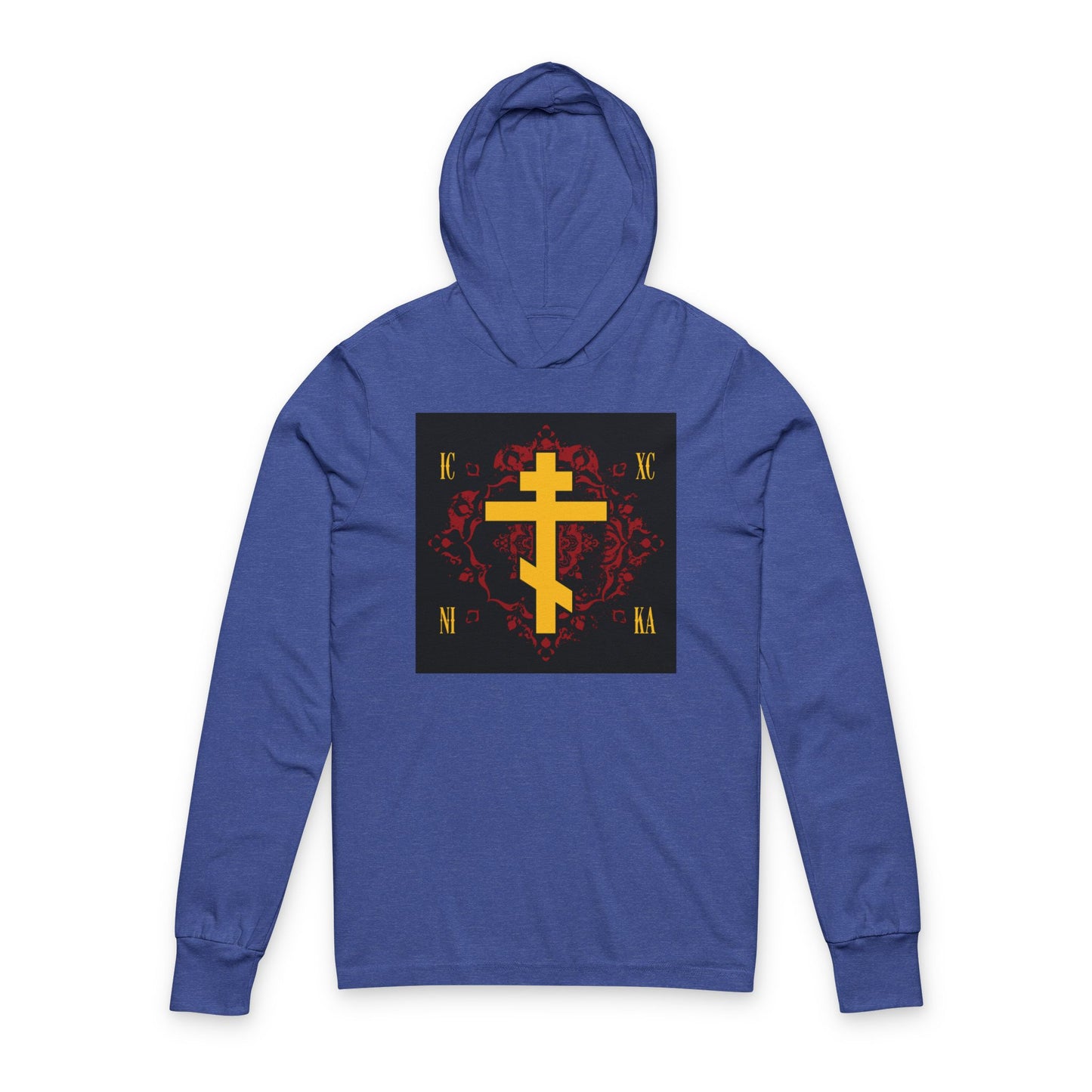 ICXC NIKA Yellow Russian Cross on Ornate Red Background Design | Jesus Christ Conquers | Orthodox Long Sleeve Hooded Shirt