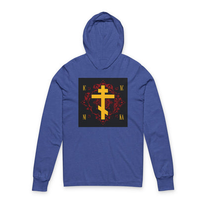 ICXC NIKA Yellow Russian Cross on Ornate Red Background Design | Jesus Christ Conquers | Orthodox Long Sleeve Hooded Shirt