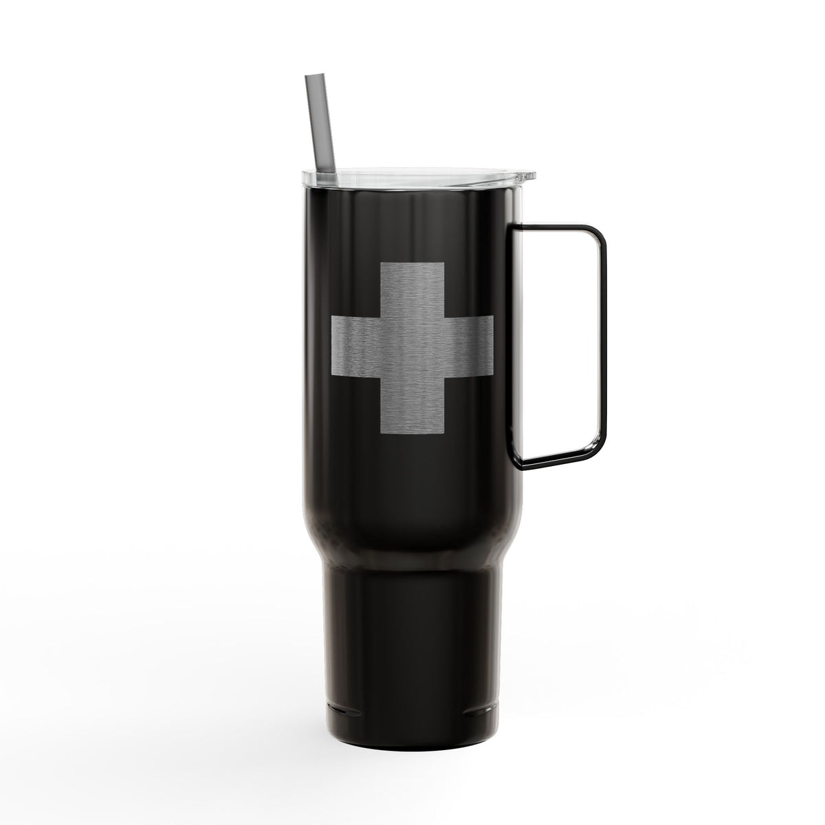 Minimalist Cross Engraved 40oz Koozie Tumbler—an insulated stainless steel travel accessory with a clear lid and handle, pictured on a white background. Ideal for Orthodox Christians seeking a daily reminder of faith, inspired by the Exaltation of the Cross.