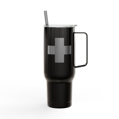 Minimalist Cross Engraved 40oz Koozie Tumbler—an insulated stainless steel travel accessory with a clear lid and handle, pictured on a white background. Ideal for Orthodox Christians seeking a daily reminder of faith, inspired by the Exaltation of the Cross.