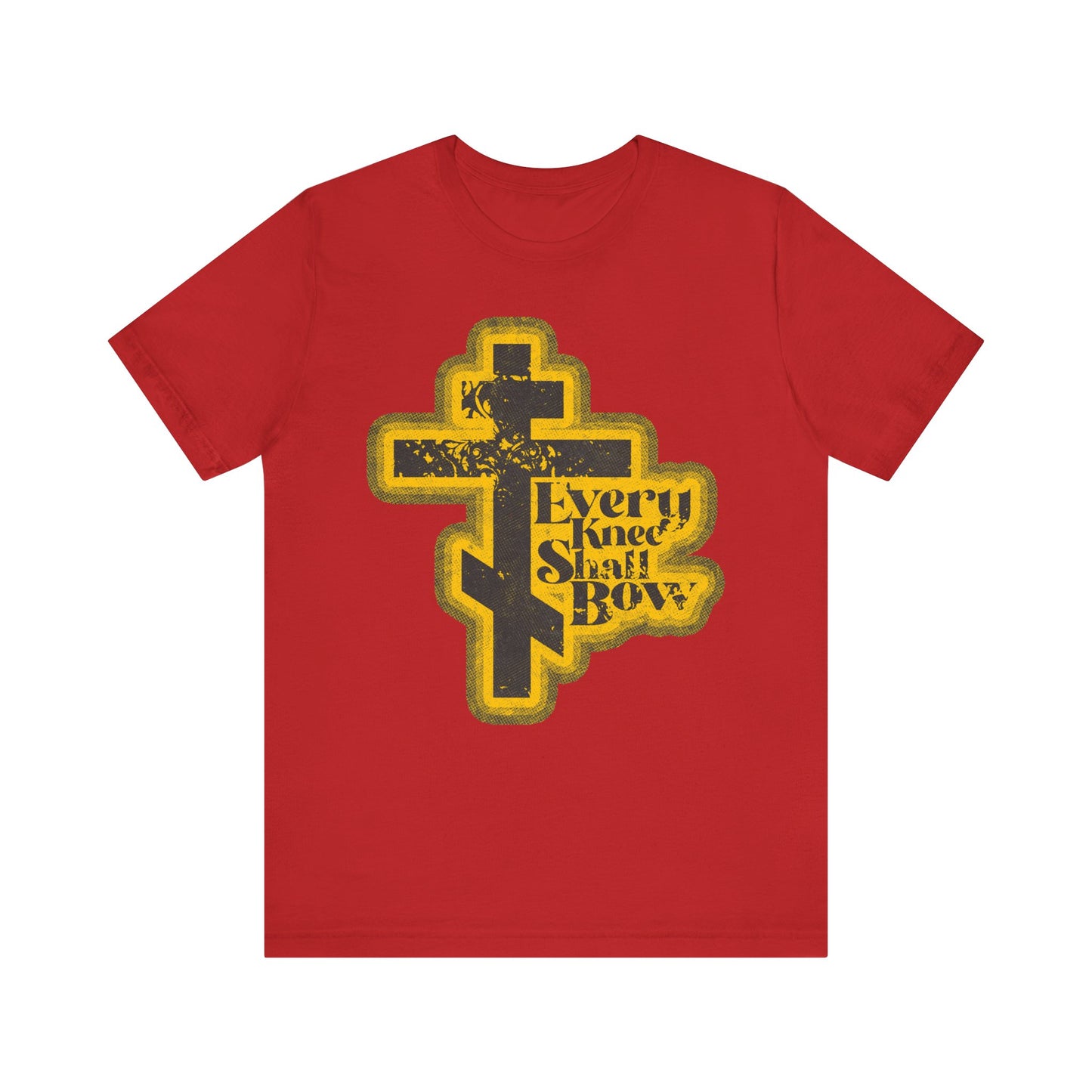 Red unisex tee featuring a yellow distressed cross and "Every Knee Shall Bow" text, inspired by Philippians 2:10-11 and Isaiah 45:23, in a 70s comic book halftone style. Lightweight cotton.