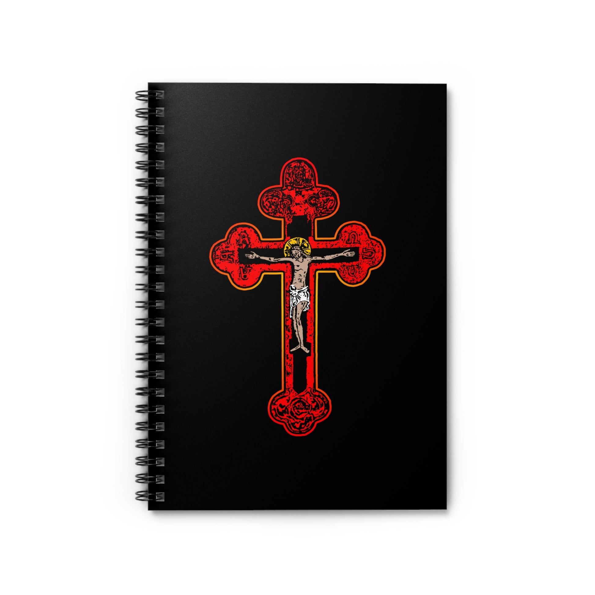 Red Orthodox Christian Crucifix spiral notebook featuring a Byzantine Golgotha Cross, Alpha & Omega symbols, and "I Am Crucified With Christ" on the cover; inspired by Orthodox Christian themes.