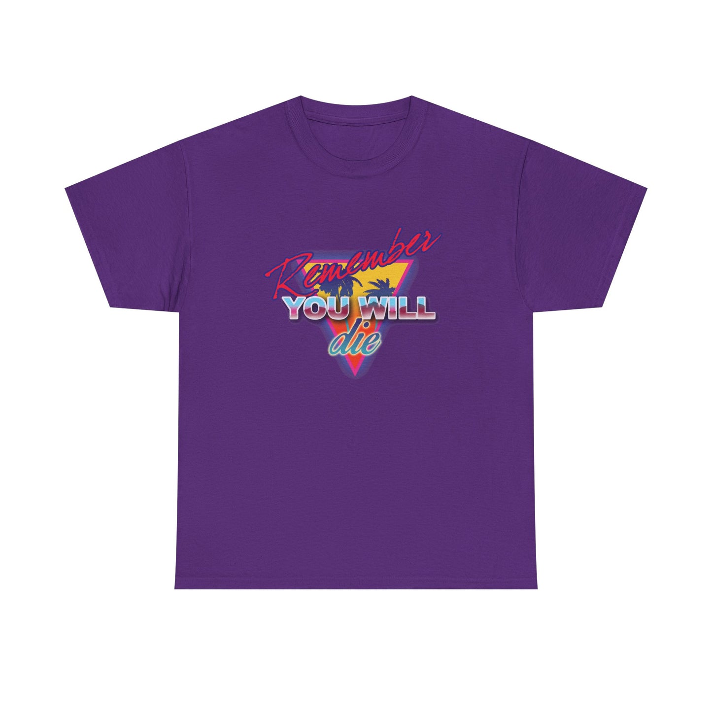Purple midweight cotton unisex tee featuring "Remember You Will Die" in 80s retro synthwave style with palm trees; a nostalgic Orthodox Christian design inspired by memento mori.