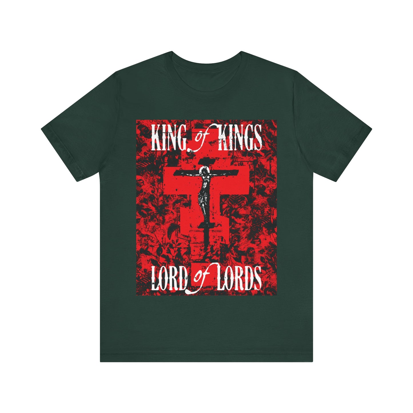 King of Kings, Lord of Lords | Christ Crucified Icono-Graphic | Red Cross Nature Texture w/ White Text | Christian Cotton T-Shirt
