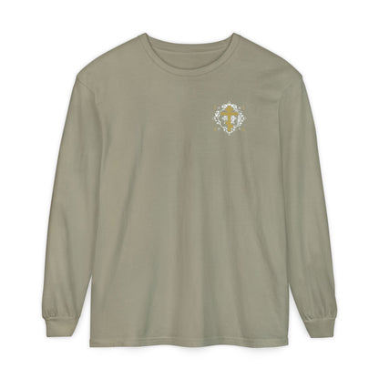 Gold Orthodox Cross ICXC NIKA  (Small Design) | White Medieval Ornate Floral Pattern | Jesus Christ Conquers | Christian Long Sleeve