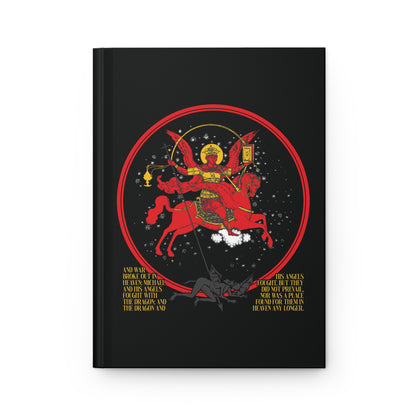 Illustration of Archangel Michael on a red horse, armored and winged, with gold and red accents on a black background. Inspired by "Archangel Michael of the Apocalypse Icono-Graphic | War in Heaven (Rev 12:7-9)" Orthodox Christian Journal. Text below.