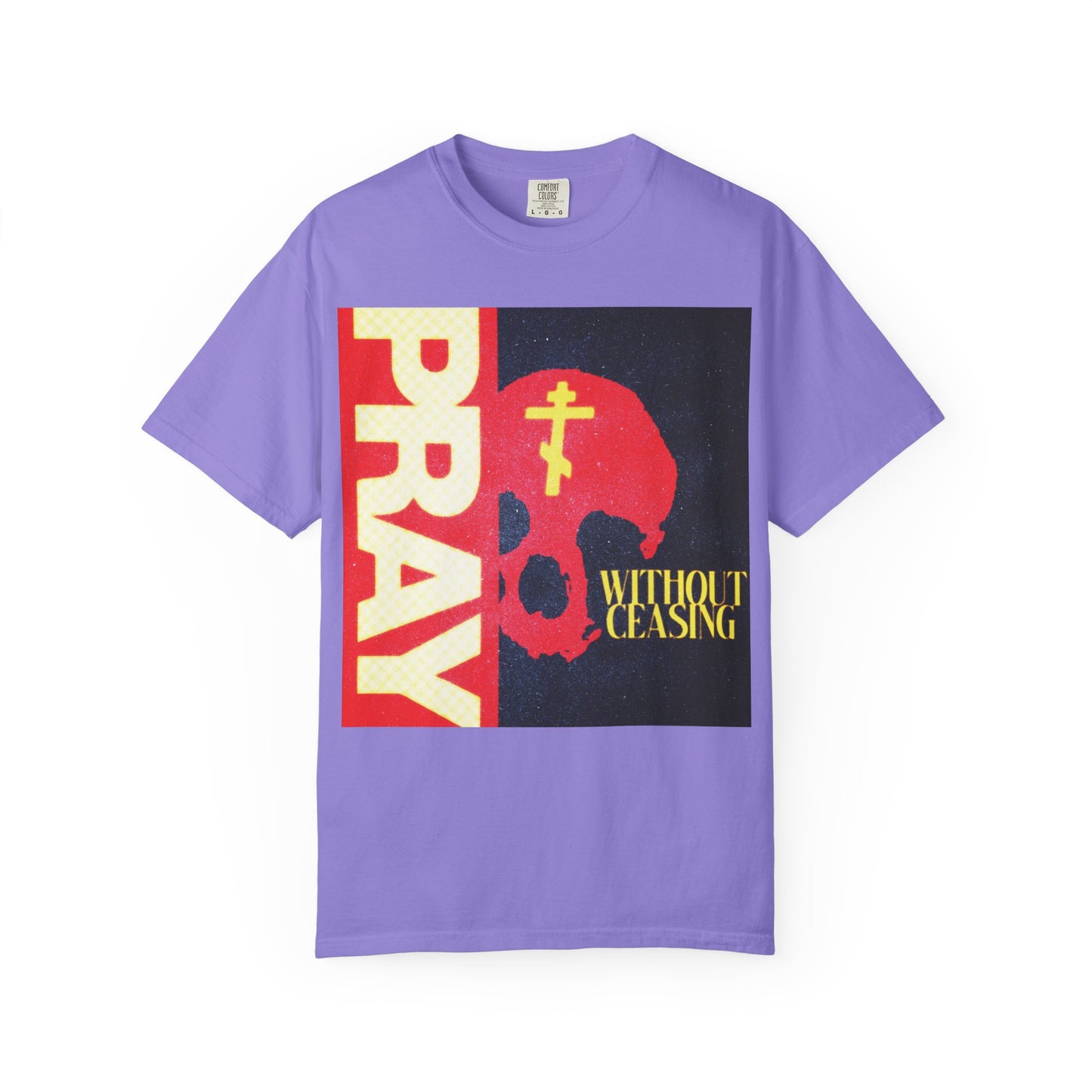 Violet Pray Without Ceasing (1 Thess 5:16) heavyweight cotton unisex t-shirt featuring a striking red skull graphic with a yellow Orthodox cross, "PRAY" in bold red text, and "WITHOUT CEASING" in yellow. This Christian t-shirt combines premium comfort with an expressive design, making it the perfect choice for boldly sharing your faith.