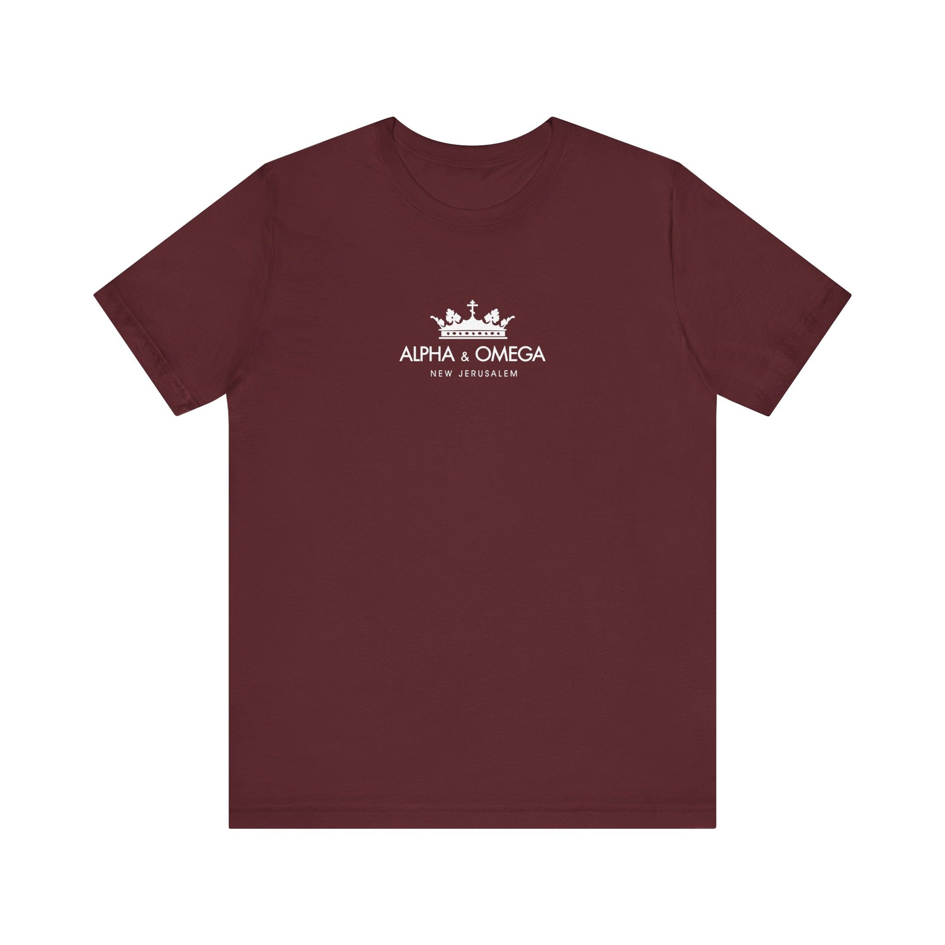 Maroon Alpha & Omega New Jerusalem Crown with Orthodox Cross unisex t-shirt featuring Revelation and Second Coming themes, made of lightweight cotton.