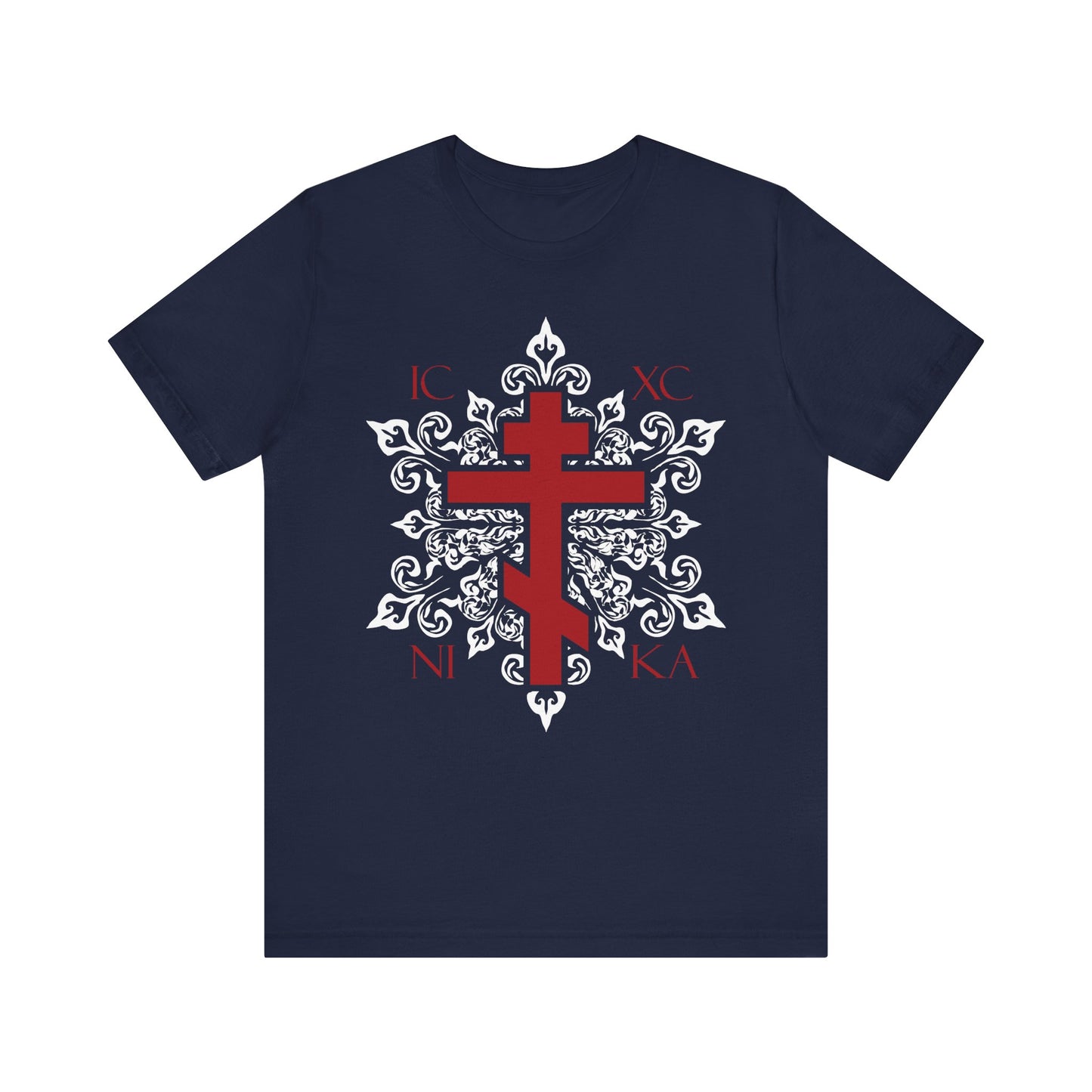 The ICXC/NIKA Red Orthodox Cross T-Shirt features a navy color, ornate white medieval floral design, and Christian lettering—a best-selling lightweight unisex tee perfect for any occasion.