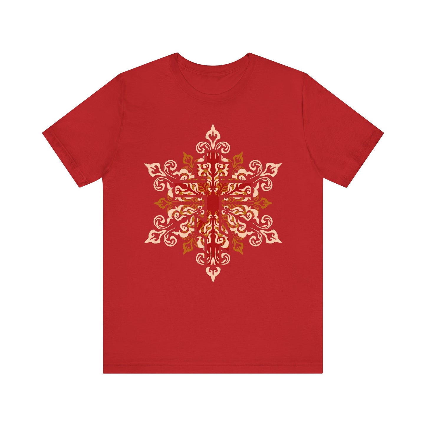 Ornate red lightweight cotton unisex tee featuring a symmetrical Orthodox cross design in beige and orange, inspired by the message "Glory to Thy Precious and Life-Giving Cross, O Lord" and the teachings of St. Clement of Alexandria.
