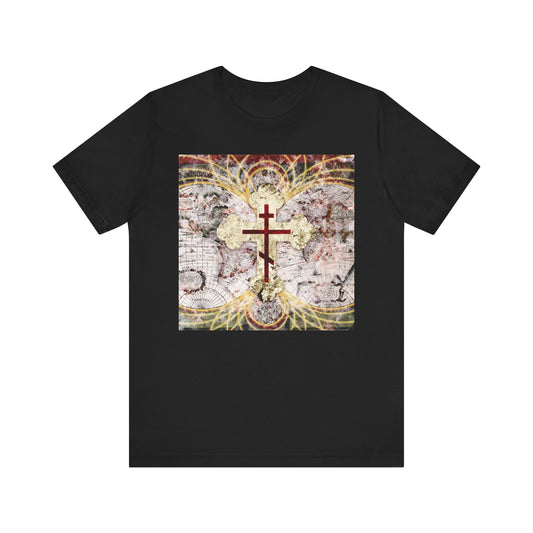 Black unisex tee featuring a red Orthodox cross on an antique map with glowing magnetic lines, inspired by Revelation 1:18—Conqueror of Death. Lightweight cotton; perfect for Orthodox Christians.