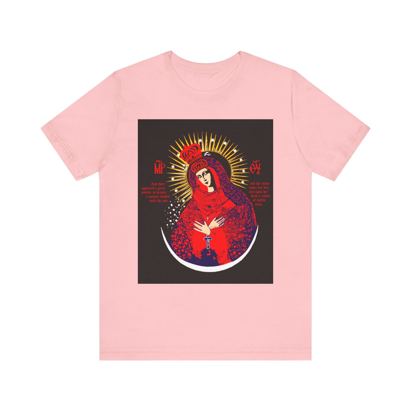 Pink lightweight cotton unisex T-shirt featuring “Our Lady the Gate of Dawn Icono-Graphic | Theotokos Crowned | Woman of the Apocalypse,” with a colorful graphic of a saintly figure and golden halo.