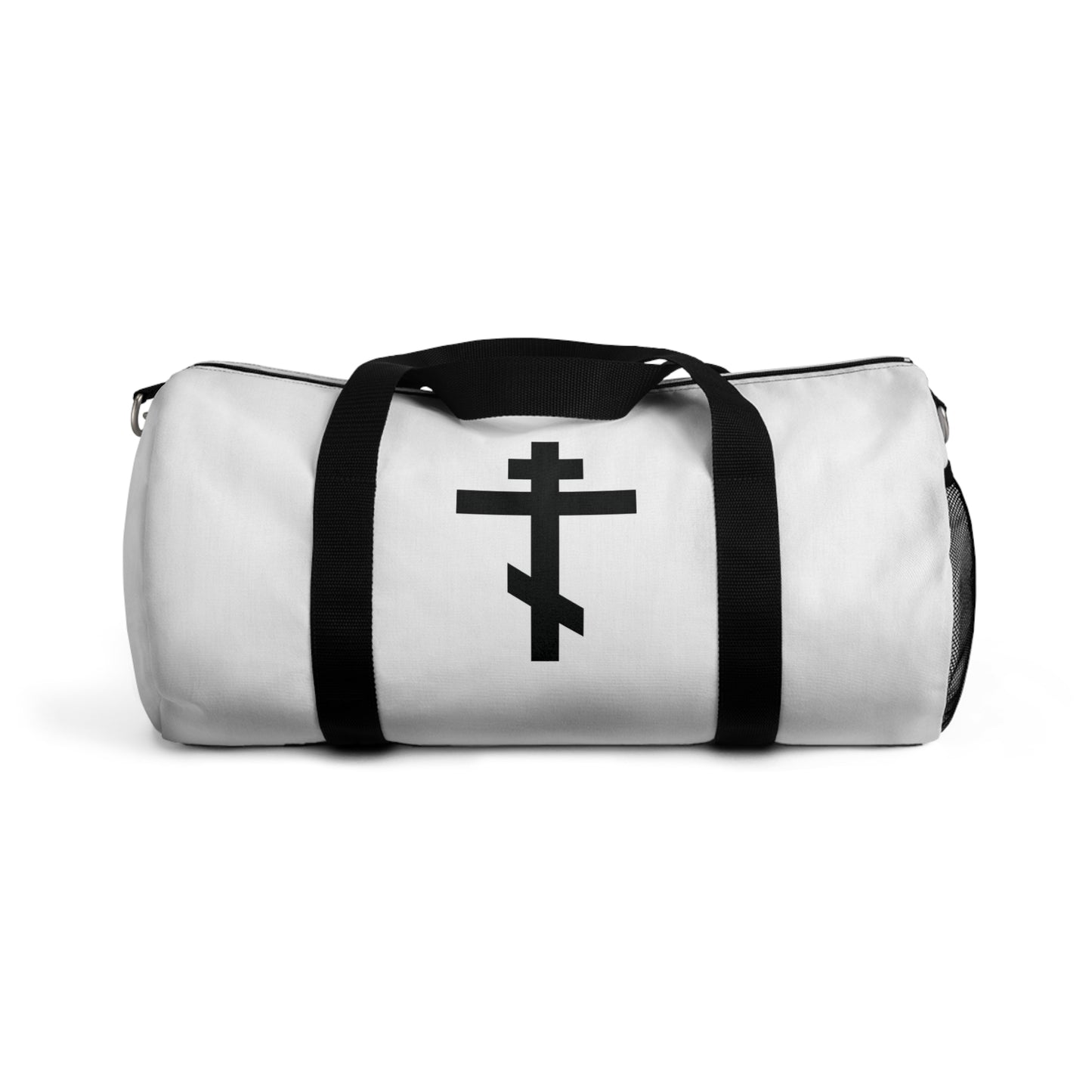 White duffel bag with black handles featuring a black Orthodox cross and the phrase "May I never boast, except in the cross of our Lord Jesus Christ" (Gal 6:14). Perfect for Orthodox Christians, inspired by St John Chrysostom's hymn tradition.