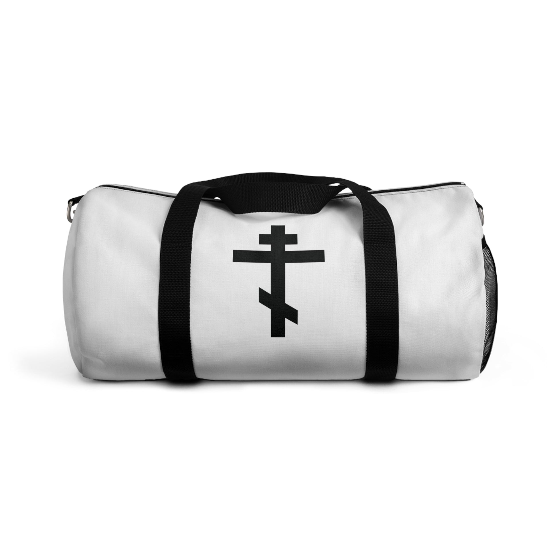 White duffel bag with black handles featuring a black Orthodox cross and the phrase "May I never boast, except in the cross of our Lord Jesus Christ" (Gal 6:14). Perfect for Orthodox Christians, inspired by St John Chrysostom's hymn tradition.