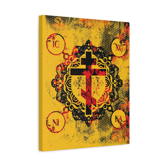 IC XC NIKA Orthodox Cross | Yellow & Red Modern & Medieval Textured Floral Design | Orthodox Christian Canvas Art