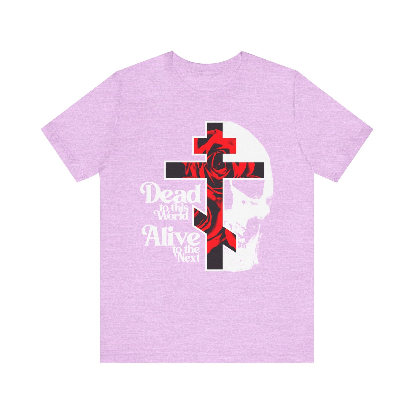 The "Dead to this World" Orthodox Christian T-shirt in Heather Prism Lilac features a goth flower cross, skull, and 70s typography, symbolizing renunciation of the world and ascent to the divine. Lightweight cotton unisex bestselling design.