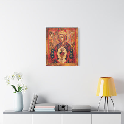 A serene Holy Table atmosphere is created by a wall adorned with the “Mother of God of Nicaea Russian Orthodox Christian Icon | Panagia | Theotokos Mary | Religious Canvas Sacred Wall Art” above a white console decorated with flowers, books, and a yellow lamp.