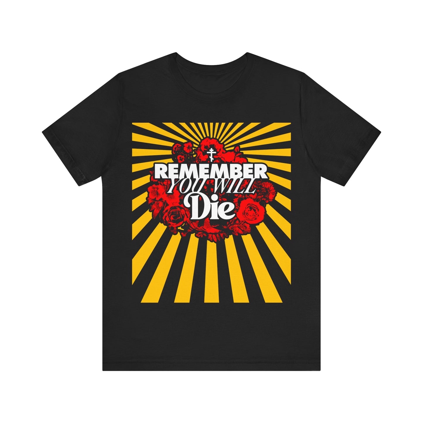 Remember You Will Die Red & Yellow Pop Art Design | Orthodox Cross | Memento Mori | Roses & Rays | Christian Lightweight Cotton Unisex Tee