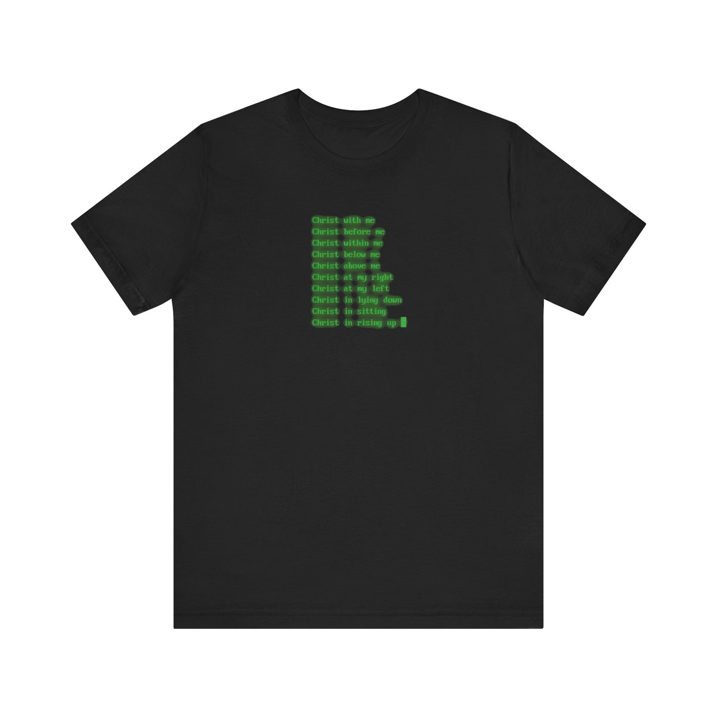 Certainly! Here’s a rewrite of your sentence using the provided product data: Black "Lorica of St Patrick" t-shirt, featuring glowing green retro computer CRT screen text in a digital font on lightweight cotton, inspired by Orthodox Christianity and subtly referencing creative strategy and themes like the Trinity and resurrection for second chances in chess.