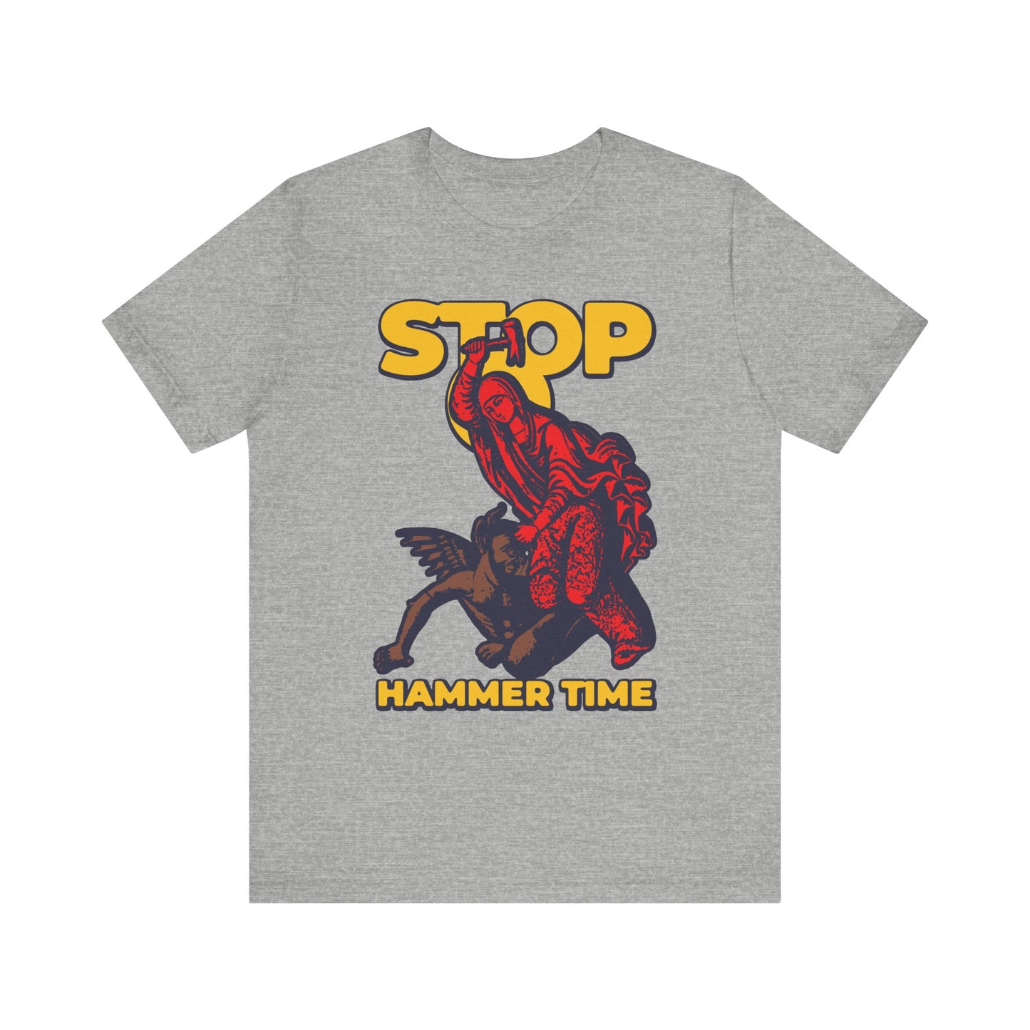 Athletic Heather unisex lightweight cotton T-shirt featuring "STOP HAMMER TIME" and a bold red, blue, and yellow design of St. Marina of Antioch beating the devil with a hammer—an Orthodox meme inspired by dramatic scenes from Christian saints’ lives.