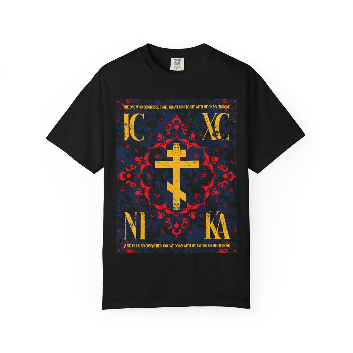 Black “IC XC NIKA Orthodox Cross” t-shirt with a medieval floral design in yellow, red, and blue, featuring gold Cyrillic letters—a striking heavyweight cotton piece inspired by Revelation 3:21, reminding us that salvation comes through both personal effort and the grace of God.