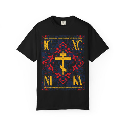 Black “IC XC NIKA Orthodox Cross” t-shirt with a medieval floral design in yellow, red, and blue, featuring gold Cyrillic letters—a striking heavyweight cotton piece inspired by Revelation 3:21, reminding us that salvation comes through both personal effort and the grace of God.