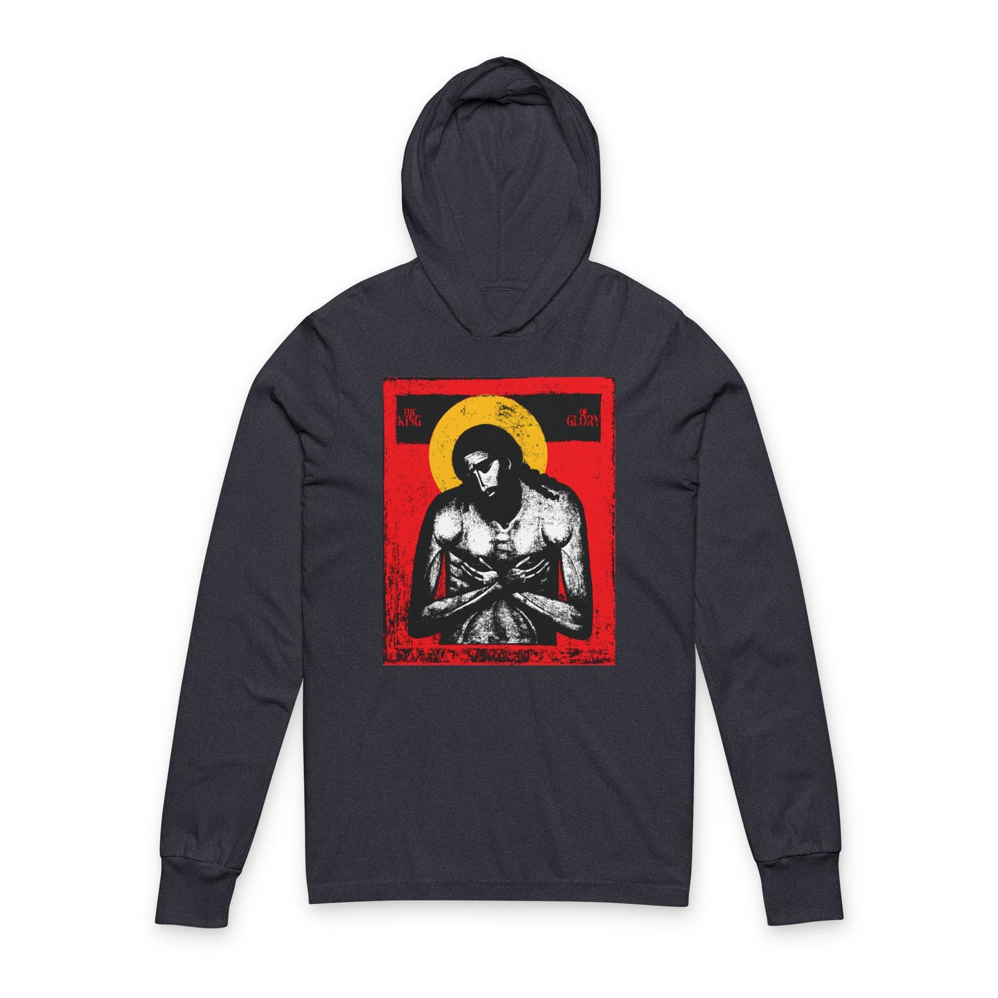 Heather navy hooded shirt featuring "The King of Glory Jesus Christ 'Extreme Humility' IconoGraphic" with a red, yellow, white, and black religious design inspired by Isaiah 53. Perfect for Christian devotional wear.