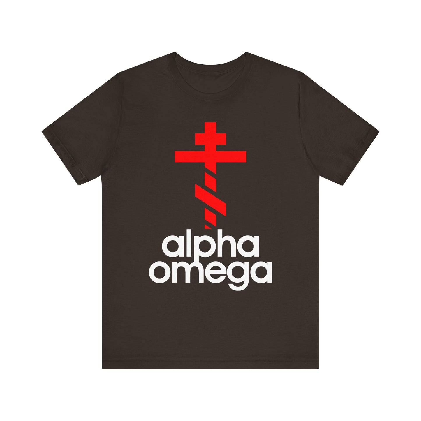 Brown unisex tee featuring a large red Orthodox cross and “Alpha & Omega” below, inspired by adidas and Orthodox themes—a minimalist statement on prayer and repentance. Lightweight cotton for everyday comfort.
