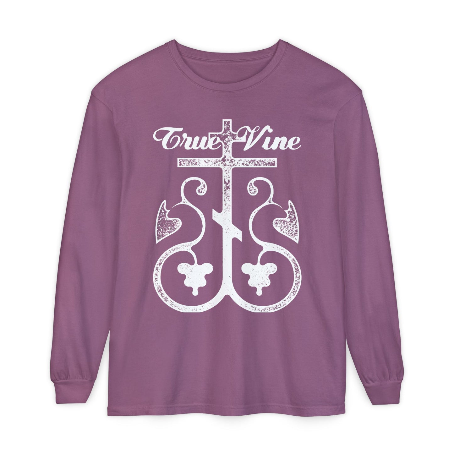 I Am the True Vine (John 15, Ezekiel 15) | Orthodox Cross with Grape Vine | Photocopy Effect | Orthodox Long Sleeve Cotton Shirt