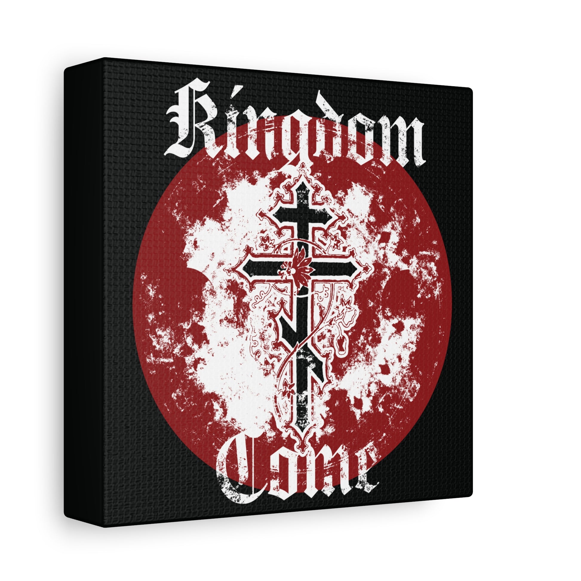 A black canvas featuring an Orthodox cross with vine over a red circle and "Kingdom Come" in textured gothic font, inspired by the Lord's Prayer. Product: Kingdom Come | Lord's Prayer | Orthodox Cross with Vine | Christian Canvas Art.