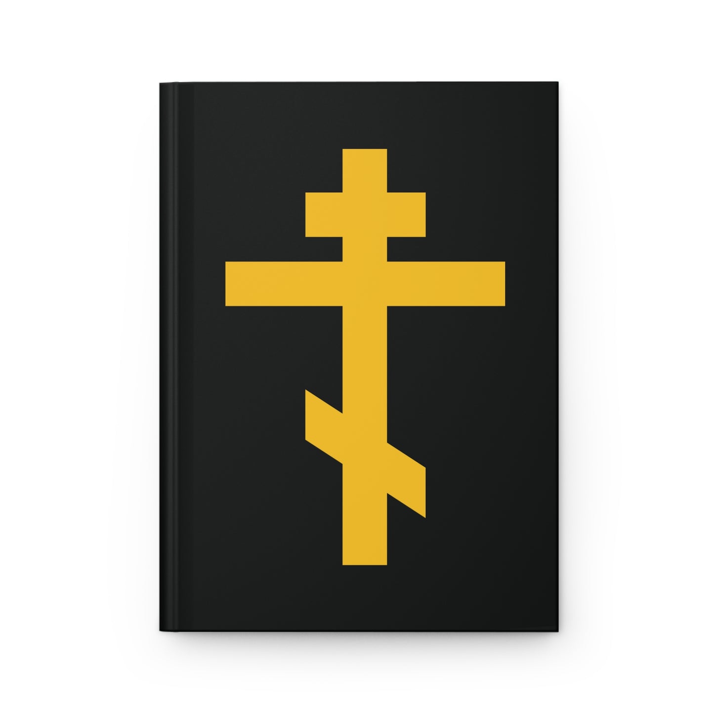 The "Yellow Orthodox Cross Black Background" Orthodox Hardcover Journal features a bold yellow cross on black, symbolizing the precious and life-giving weapon of unseen warfare and the scourge of demons.