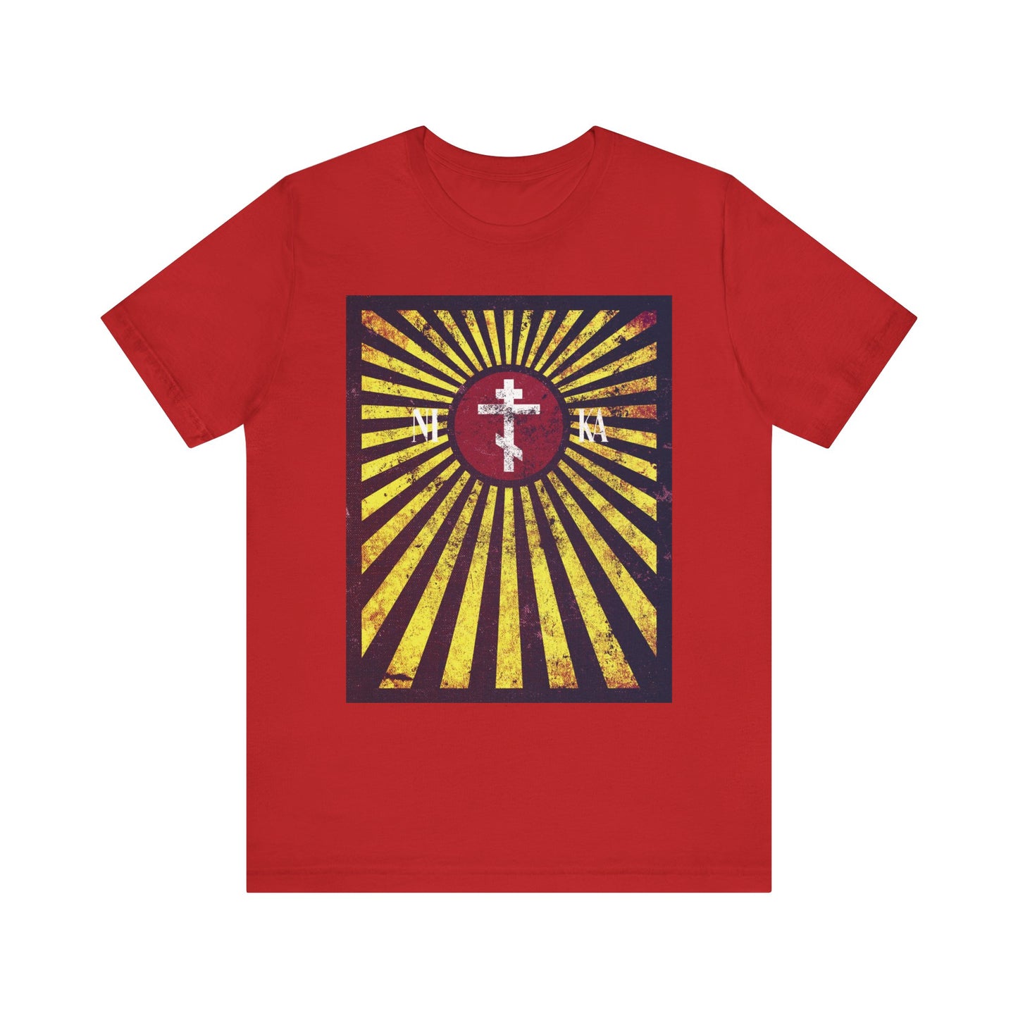 NIKA Red Rising Sun Cross with Golden Rays Orthodox Christian T-shirt in red, featuring a distressed textured flag design with a bold cross, radiant golden rays, and lettering at the center—symbolizing the ladder to Heaven and inspired by the teachings of St Paisios of Mount Athos.