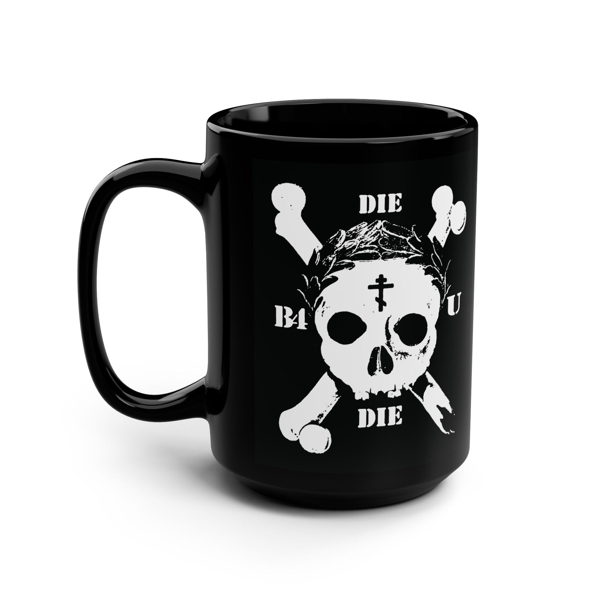 The “Die Before You Die” black mug features a retro skull & crossbones, Orthodox cross, and laurel wreath—an ascetic Christian memento mori inspired by Matthew 16:24–25.